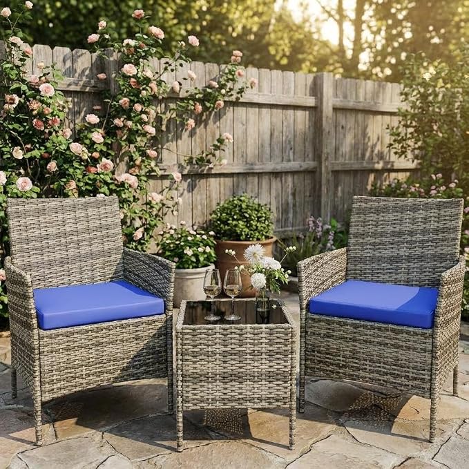 3 Piece Outdoor Patio Furniture Set, All-Weather PE Rattan Wicker Chairs with Waterproof Cushions & Tempered Glass Side Table, Modern Conversation Set for Garden, Backyard, Porch, Poolside, Gray/Blue