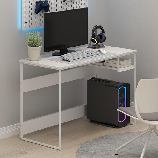 Furinno Moretti Desk, 45" Wide Metal Frame Gaming Desk with Open Shelf, Computer Desk, Writing Desk, Office Desk for Home Office, Study Room, Dorm, Bedroom, Solid White