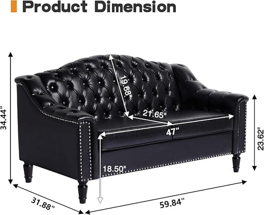 LEVNARY Chesterfield Loveseat Leather, Upholstered Sofa with Button-Tufted Back, Mid-Century Modern Sofa with Solid Wood Legs, 2 Seater Couches for Living Room (Black)