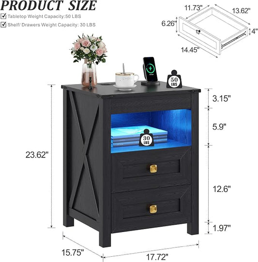 TAGELIER Night Stand Set 2 with Gun Drawer, Farmhouse Bedside Table with Charging Station, Gun Nightstand with LED Light & Human Sensor, Smart End Table for Bedroom, Black