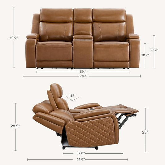 Watson & Whitely Genuine Leather Power Loveseat Recliner Sofa, Zero Gravity Reclining Sofa with Console, Power Headrest & Wireless Charging, Cup Holder, 2-Seater Recliner for Living Room, Saddle Brown