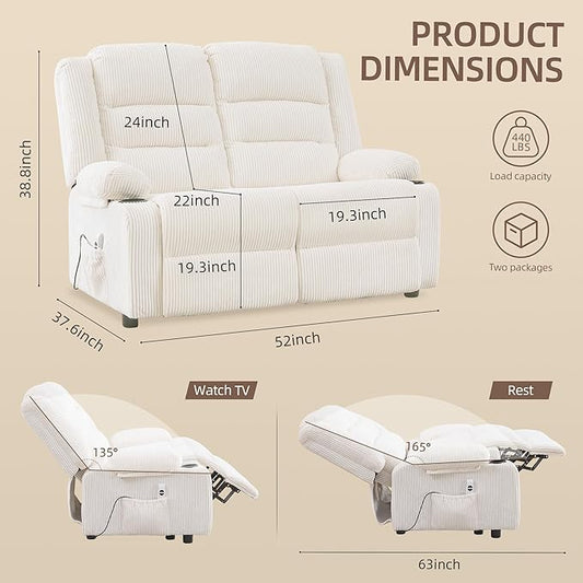 52Inch Reclining Loveseat Sofa,Power Loveseat Recliner,Electric Love seat Recliner Sofa for Bedroom,Living Room with Charging Ports,Striped White