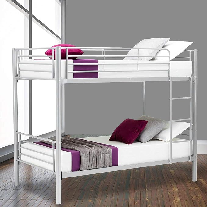 Metal Bunk Bed Twin Over Twin - with Removable Ladder and Guard Rail - Space Saving Design - Easy Assembly -Silver Grey