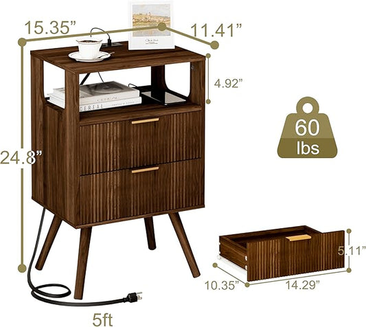 JOONEE Nightstand with Charging Station and LED Lights,Modern Bedside Table with 2 Storage Drawer and Open Wood Shelf, for Bedroom and Small Spaces,Night Stand with Solid Wood Legs,Walnut Brown