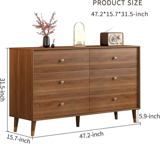 6 Drawer Dresser For Bedroom, 2 PCS 47 Inch Dresser for Closet with Walnut Frame, Modern Wood Chest of Drawers with Natural Texture & Pre-Embedded Slots For TV Stand, Living Room, Hallway, Office