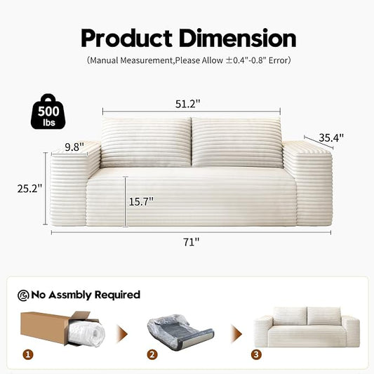 Settab 71" Loveseat Sofa,Modular Couch with Deep Seat Memory Foam,Comfy Small Cloud Couch for Small Spaces,No Assembly Sofa for Living Room Bedroom,Apartment,White