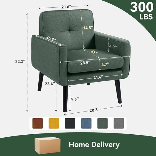 Vogue Furniture Direct Mid Century Accent Chair, Fabric Modern Chair with Wooden Frame, Cozy Armchair Reading Chair with Comfy Back for Apartment, Living Room, Bedroom, Small Space, Corner, Green