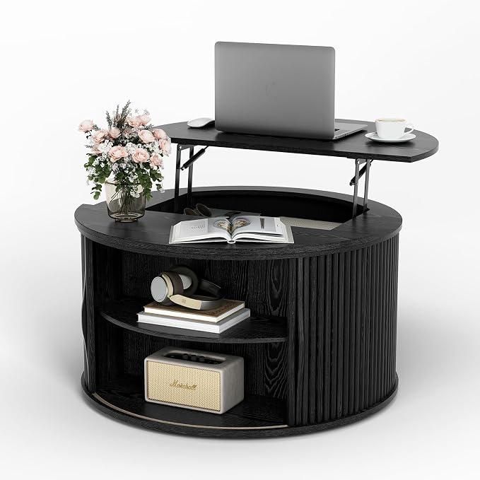 JOINICE 31.5" Black Round Lift Top Coffee Table, Modern Fluted Drum Center Table with Hidden Storage, Minimalist Circle Wood Desk for Living Room & Small Apartment