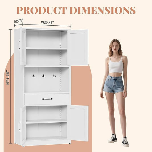 72" H White Steel Kitchen Pantry Storage Cabinet with Countertop | Metal Farmhouse Cabinets for Living Room, Bathroom, Heavy Duty Rustic Pantry