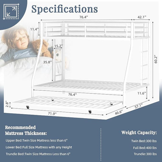 Shintenchi Bunk Bed Twin Over Full Size with Trundle, Heavy-Duty Twin&Full Frame with Full-Length Guardrail and Two Ladders, Triple for Kids, Teens and Adults, Space-Saving, White