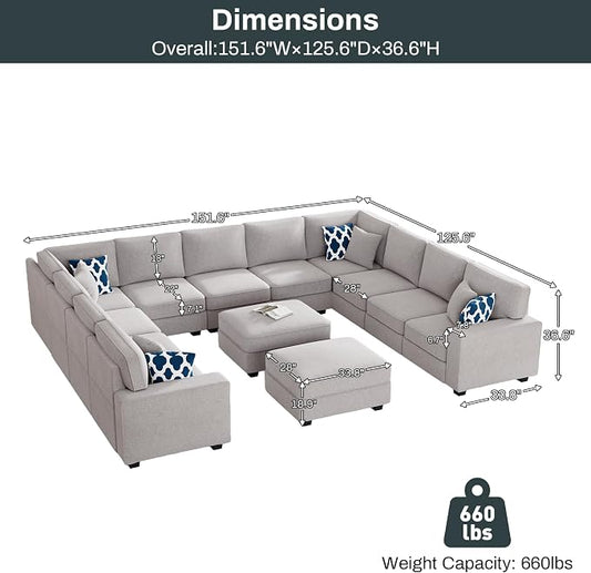 Legend Vansen Oversized Modular Sectional Sofa,U/L‑Shaped Reversible Couch with Ottoman,Deep Seat Plush Polyester Sofa for Living Room,13‑Seater,Light Grey