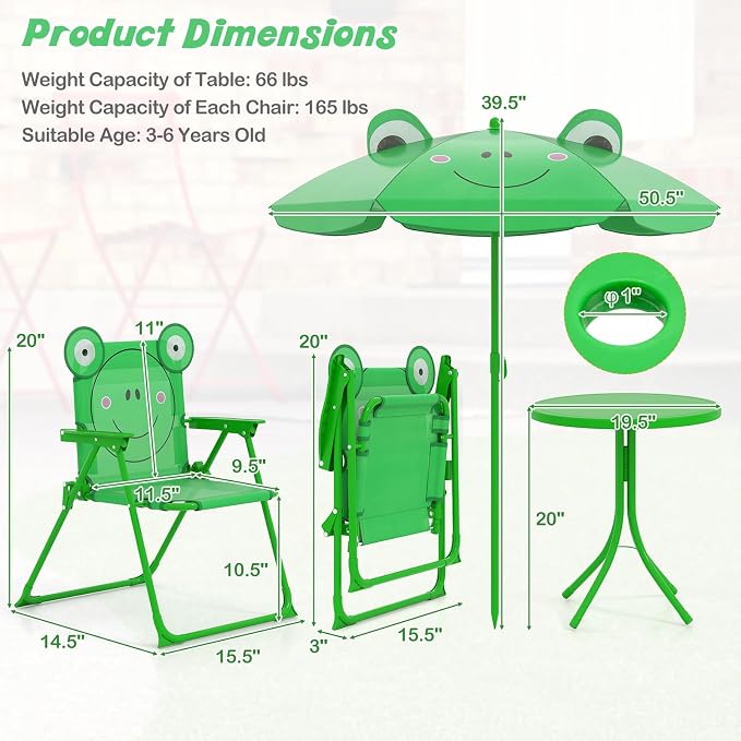 HONEY JOY Kids Picnic Table, Animal Themed Toddler Outdoor Table and Chair Set, 2 Folding Chairs & Removable Umbrella, Children Outdoor Furniture for Backyard Patio Garden (Green Frog)