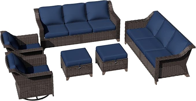 6 Pieces Patio Conversation Furniture Set - 2 Sofas, 2 Swivel Chairs, 2 Ottomansm, Outdoor Wicker Furniture with Removable Cushions for Porch, Balcony, Sunroom (Blue)
