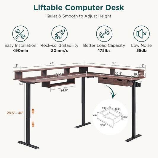 RedLemon 75X60 Inches L Shaped Electric Standing Desk, Height Adjustable Corner Gaming Desk with Drawers, Keyboard Tray, Power Outlets & LED Lights, Computer Desk with Monitor Shelf, Dark Walnut