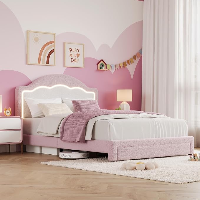 IDEALHOUSE Full Bed Frame with LED Headboard and Under-Bed Drawer, Boucle Fabric Upholstered Platform Bed with LED Light for Kids, Girls, Wooden Slats Support, No Box Spring Needed, Pink