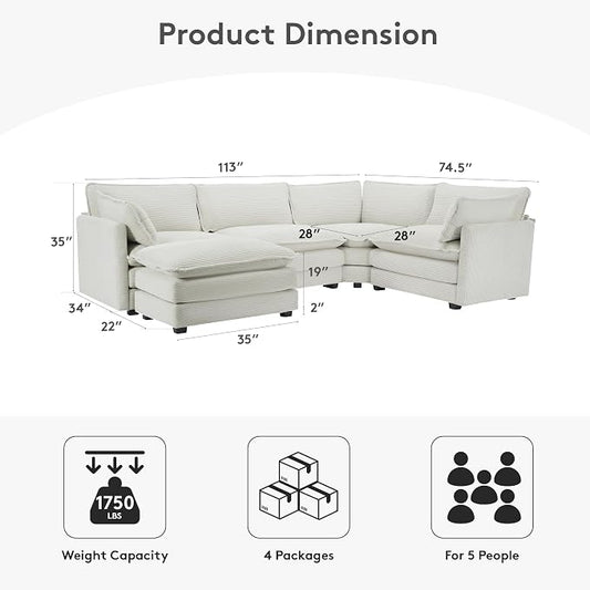 ROWHY 113'' Sectional Cloud Couch, 5 Seater Modular Corner L Shape Sofa Big Comfy Corduroy Oversized Couch with 2 Pillows Movable Ottoman, Deep Seat Sectional Couches for Living Room Office Light Grey | Pet-Friendly Fabric