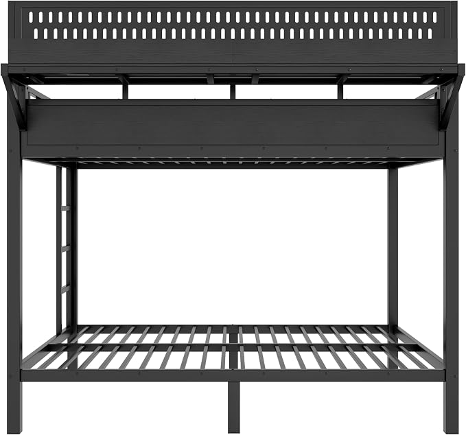 Bellemave Bunk Bed Queen Over Queen,Metal Bunk beds with Storage Shelves USB Ports and LED Lights, Black