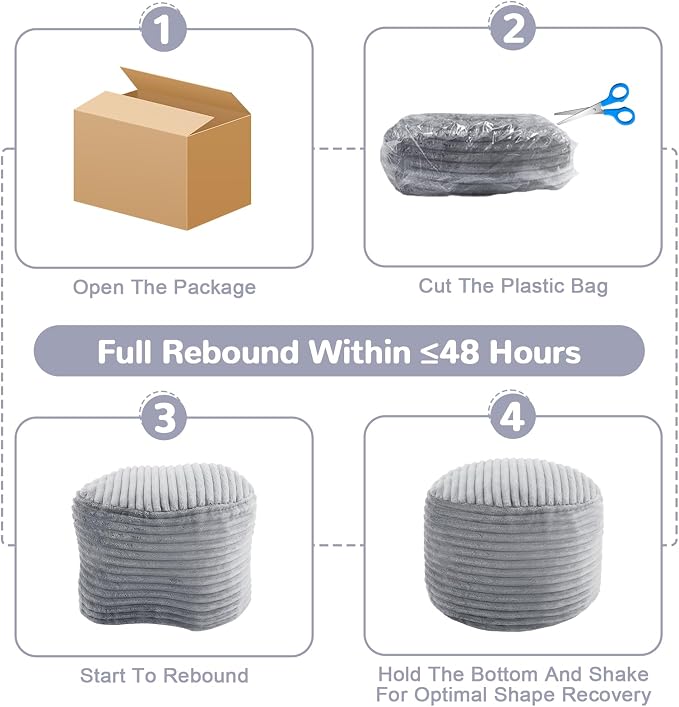 MeMoreCool Stuffed Round Pouf Ottoman Foot Rest, Soft Plush Floor Pouf Foot Stool, Corduray Footstool Footrest, Small Round Ottoman for Living Room Couch Sofa Chair, 20x15 Inch Grey