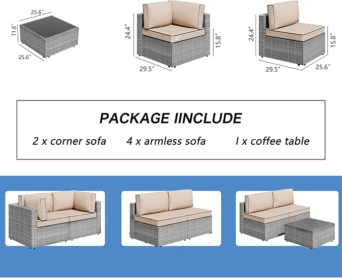 Shintenchi 7 Pieces Outdoor Patio Furniture Sets, Patio Sectional Sofa Couch, Gray PE Wicker Furniture Modular Patio Conversation Sets Patio Sofa with Washable Cushions, Gray/Khaki