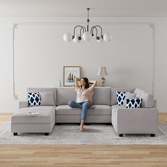 Legend Vansen Oversized Modular Sectional Sofa,U/L‑Shaped Reversible Couch with Ottoman,Deep Seat Plush Polyester Sofa for Living Room,9‑Seater,Light Grey