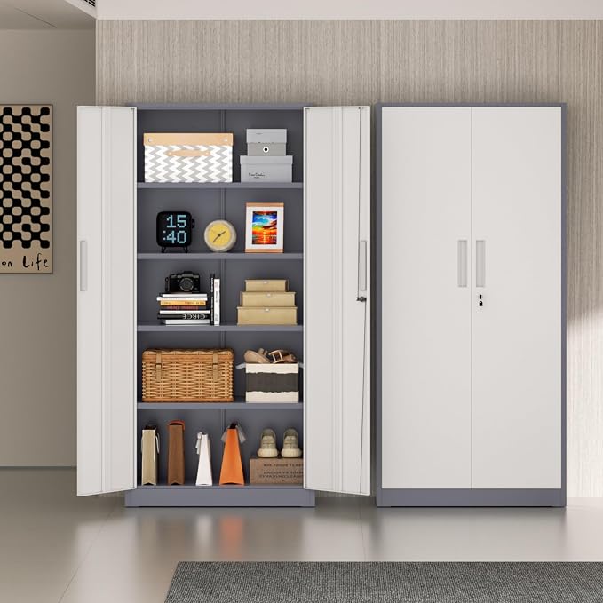 Incbruce 72” Metal Storage Cabinet, Garage Cabinets and Storage System with Doors and Shelves, Tall Lockable Tool Cabinet for Garage, Office, Home (Grey White)