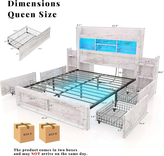 LUXOAK Queen Bed Frame with 49.6" Bookcase Headboard & 4 Drawers & 2 Detachable Bedside Stoage Racks, Farmhouse Wood Bed Frame with RGB LED & Charging Station, No Box Spring Needed, Distressed White