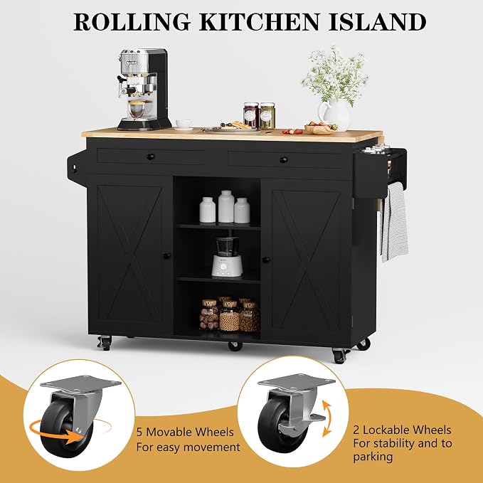 HLR Kitchen Island On Wheels, Black Rolling Kitchen Island Cart with Drop Leaf Countertop, Barn Door Kitchen Islands Table with Storage Cabinet and Tower Rack, Island Table for Kitchen