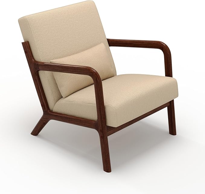 Garvee Mid-Century Modern Accent Chair, Fine Wale Corduroy Upholstery, Solid Wood Armchair with Removable Lumbar Pillow, Sturdy Reading Chair for Living Room, Bedroom, Guest Room, Easy Assembly, Brown