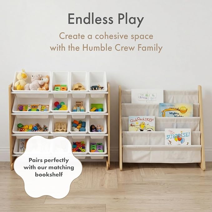 Humble Crew Toy Storage Organizer with 16 Removable Storage Bins for Kids Playroom, 4-Tier Toddler Toy Organization and Storage, Natural Wood/White