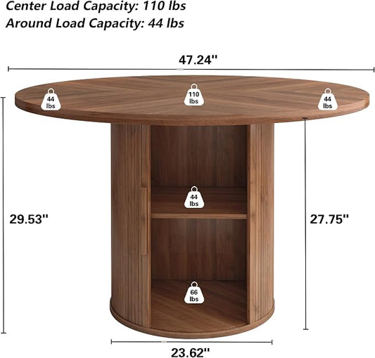 weselon 47 inch Round Dining Table for 4, Kitchen Table Dinner Table with 2-Layer Storage Shelf and Wood Slide Door for Home Dining Room Living Room (Walnut)