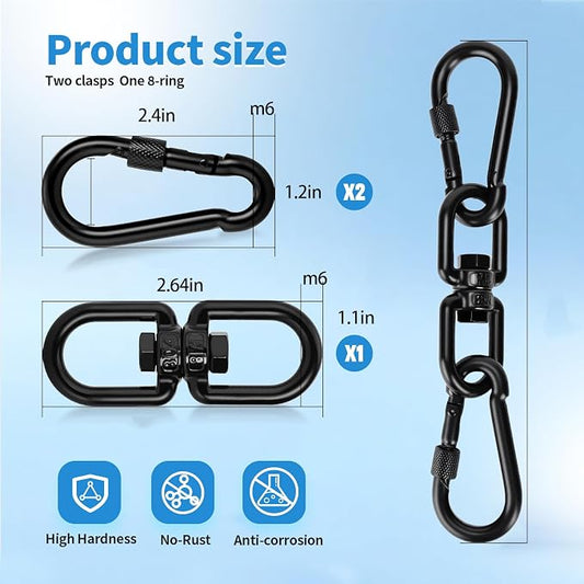 Aheucndg 380 lb Capacity Heavy Duty Double Ended Eye Hook with Snap Hook, SUS304 Swivel Hooks 1Pack + Snap Hooks 2Pack, for Aerial Yoga, Hanging Hammock, Web Tree Swing, Swing Spinner M6 Black
