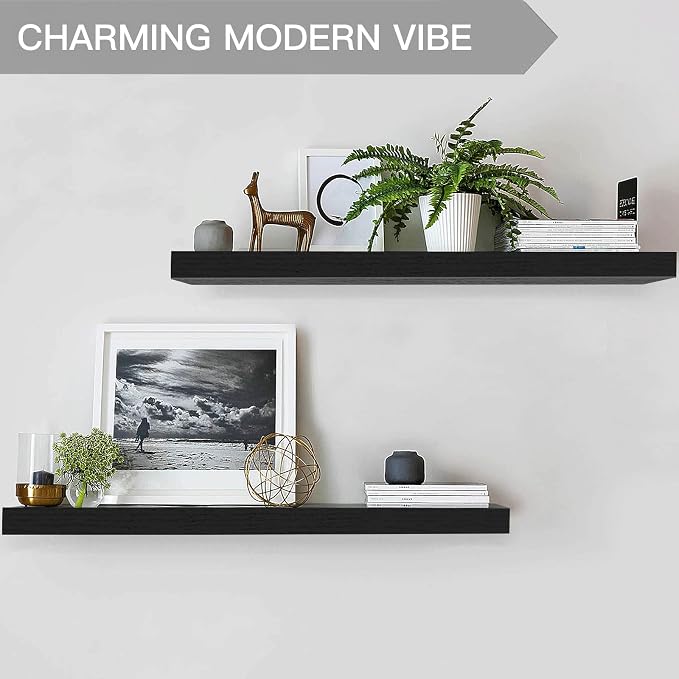 QEEIG Floating Shelves for Wall 35.4" Long - Wall Mounted Shelf Bathroom Kitchen Living Room Bedroom Farmhouse Home Decor Display Bookshelf Large 35.4 x 9.3 inch Set of 2, Black (008-90B)