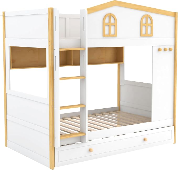 Merax Twin Over Twin Size House Bunk Bed with Storage Shelves & Pull-Out Trundle, Solid Wood Space-Saving Loft Bed Frame with Safety Guardrails for Bedroom, White+Natural