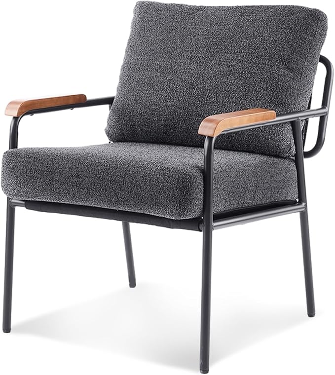 VINGLI Mid-Century Modern Accent Armchiar for Small Space, Small Comfy Upholstered Leisure Reading Chair with Wood Armrest for Bedroom, Living Room, Waiting Room, Linen Grey