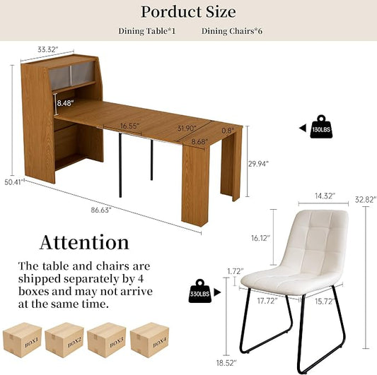 HIPIHOM Dining Table Set for 6, Extendable 86.6" with Storage | Space-saving MDF Kitchen Table with 6 Upholstered U-shaped White Chairs, Ideal for Apartment, Living Room