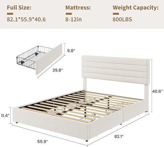 Garvee Full Size Bed Frame, Velvet Upholstered Platform Storage Bed with 4 Drawers, Wooden Slats Support, No Box Spring Needed, Easy Assembly, Beige