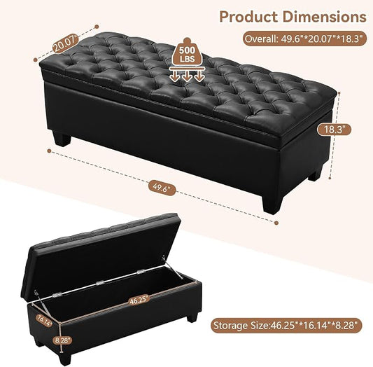 WUTUTUEE 50" Faux Leather Storage Ottoman Bench, End of Bed Upholstered Rectangle Storage Ottoman Tufted Living Room Bedroom Bench with Safety Hinge, Solid Wood Legs, Loads 500 lb(Black)