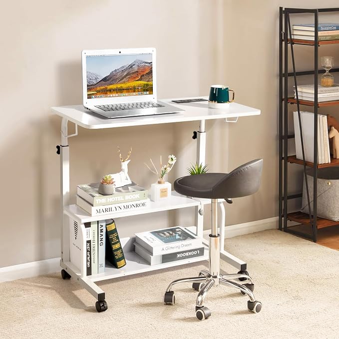 Karl home 31.5" Portable Rolling Desk on Wheels,Height Adjustable Standing Desk with 2 AC Outlets/3 USB Ports,Mobile Laptop Table with Hooks and Storage Shelves for Home Office,White