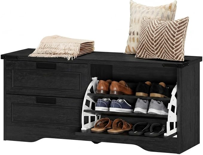 FATORRI Entryway Bench with Storage, 41 Inch Shoe Storage Bench, Industrial Wood Shoe Bench for Entry Way, Living Room, Bedroom and Mudroom (Black)