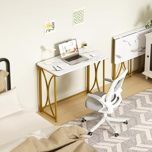 Folding Desk, 31.5" Small Desk for Bedroom, Space Saving Foldable Computer Desk for Home Office, Easy Assembly, White and Gold