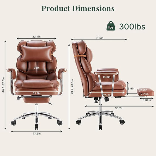 Executive Ergonomic Office Chair, PU Leather High Back Reclining Office Chair with Footrest and Lumbar Support, Height Adjustable Rolling Swivel Computer Chair for Home Office,Brown