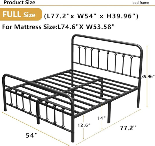Vengarus Full Metal Bed Frame with Victorian Headboard & Footboard, Black | 14" Full Metal Platform Frame, Heavy Duty Steel Slat Support, Noise Free, No Box Spring Needed, Easy Disassembly & Transport