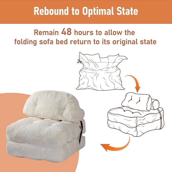 Folding Sofa Bed, Convertible Chair Bed with Back Support and Pillow Futon,Foldable Boneless Chair for Living Room/Guest Use/Home Office, Foldable Couch for Adults, Beige