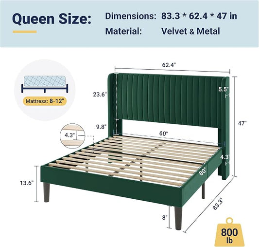 Allewie Queen Size Bed Frame/Velvet Upholstered Platform Bed/Vertical Channel Tufted Wingback Headboard/Strong Wooden Slats/No Box Spring Needed/Easy Assembly/Green
