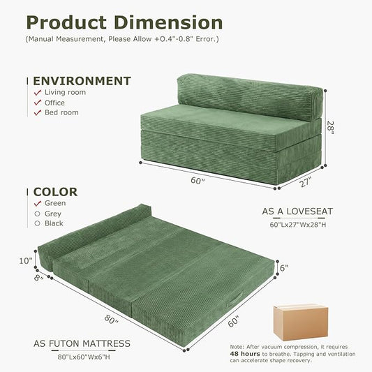 5-in-1 Convertible Sofa Bed, Boneless Couch Loveseat with Removable Cushions & Washable Cover, Futon Sofa Bed with Handle, Pull Out Couch for Small Spaces, Queen Size, Green