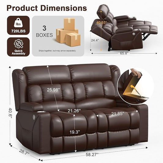 RV Loveseat Recliner Sofa, PU Leather RV Reclining Loveseat with USB Charge Ports, Cup Holders, 2 Seater Manual Pull Tab Recliner Sofa Couches for Living Room/RV, Brown