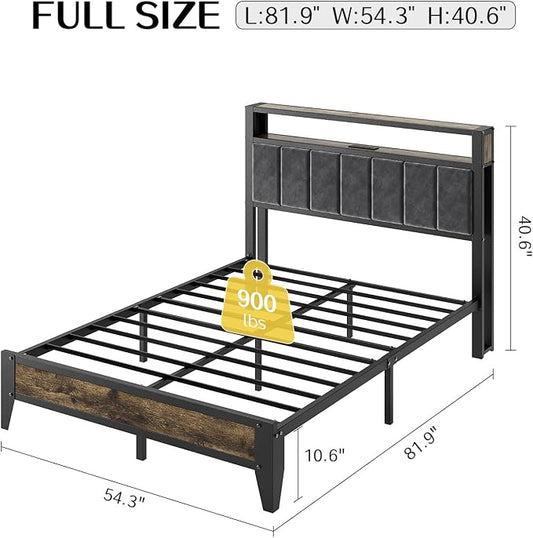 OLEVS Full Size Bed Frame with Charging Station & LED Light, 2-Tier Storage Headboard & Footboard, Type C & USB Ports Metal Platform Bed, No Box Spring Needed, Easy Assembly