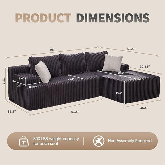 Hobestluk Boneless Couch Modular Sectional Sofa for Living Room Furniture | 98" Right Facing Chaise Darkgrey,Memory Foam,Removable Cover,Non-slip Bottom,No Assemble Required,Furniture for Apartment