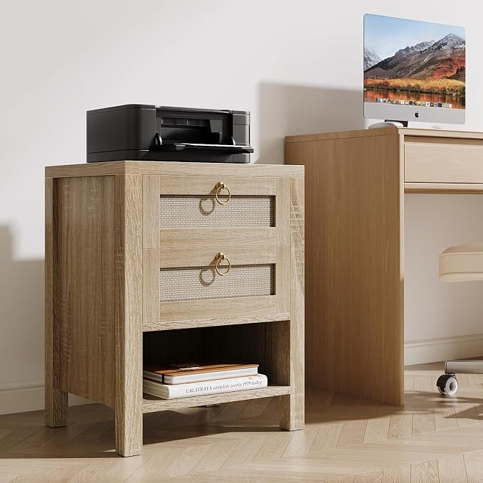Rattan Night Stand with Drawers - Boho Nightstand with Charging Station, Bedside Table with Storage Shelf, Accent Side Table End Tables Living Room, Wood Nightstands for Bedroom, Light Wood