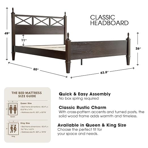 Queen Size Bed Frame with Headboard & Footboard, Solid Wood Platform Bed, Central Metal Legs, 12 Sturdy Slatted Base, Noise-Free & Anti-Slip, No Box Spring Needed, Dark Roast Oak Finish RIQ-32